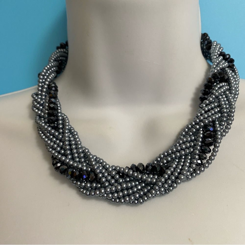 Braided Glass Beads Necklace Blue & Gray Sparkly & Smooth 16" + 3" Extender